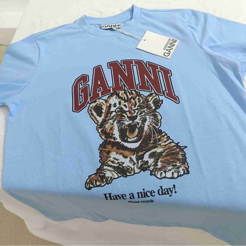 Ganni Light Blue Tee with Maroon Logo Cheetah graphic T-shirt - Have a Nice Day - Picture 3 of 6